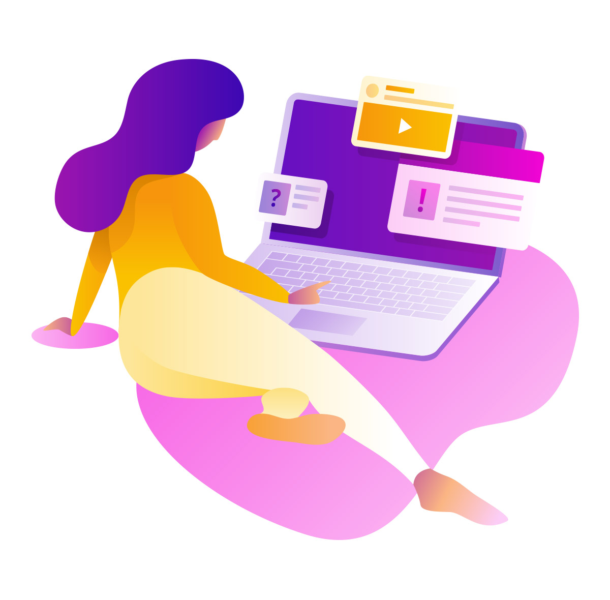 Ann illustration of a lady studying online coursework on her laptop